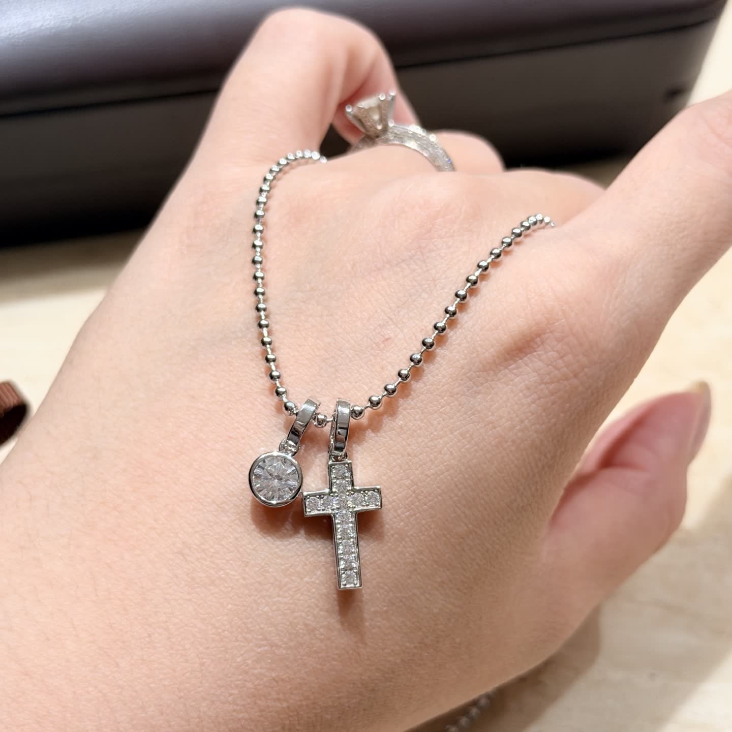 Chrome Hearts Silver Cross and Round Diamond Pendant Necklace